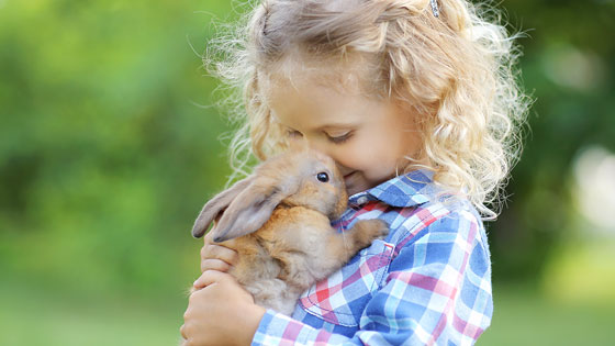 Kind kuschelt mit Haustier Hase